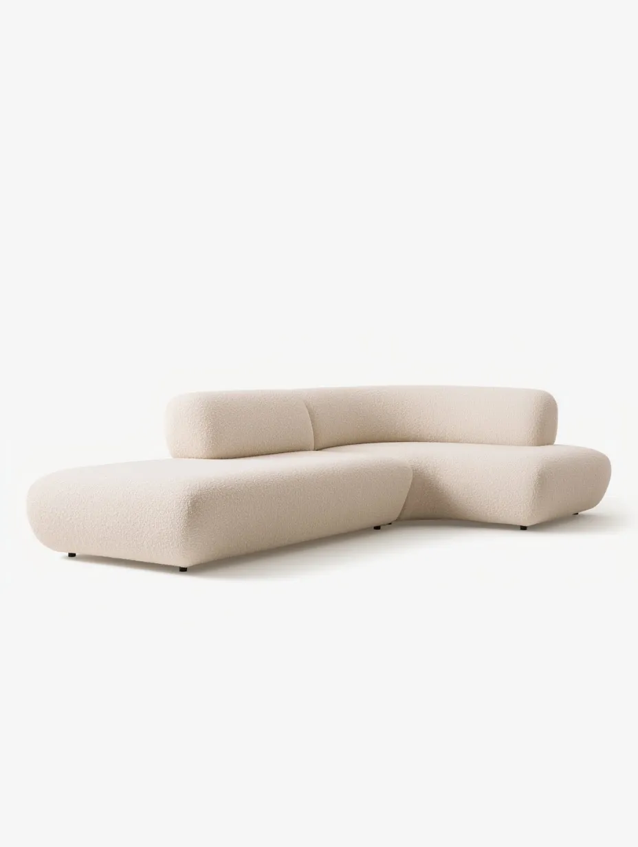 Round-edged modular sofa in cream bouclé with a chaise section, on a white background.